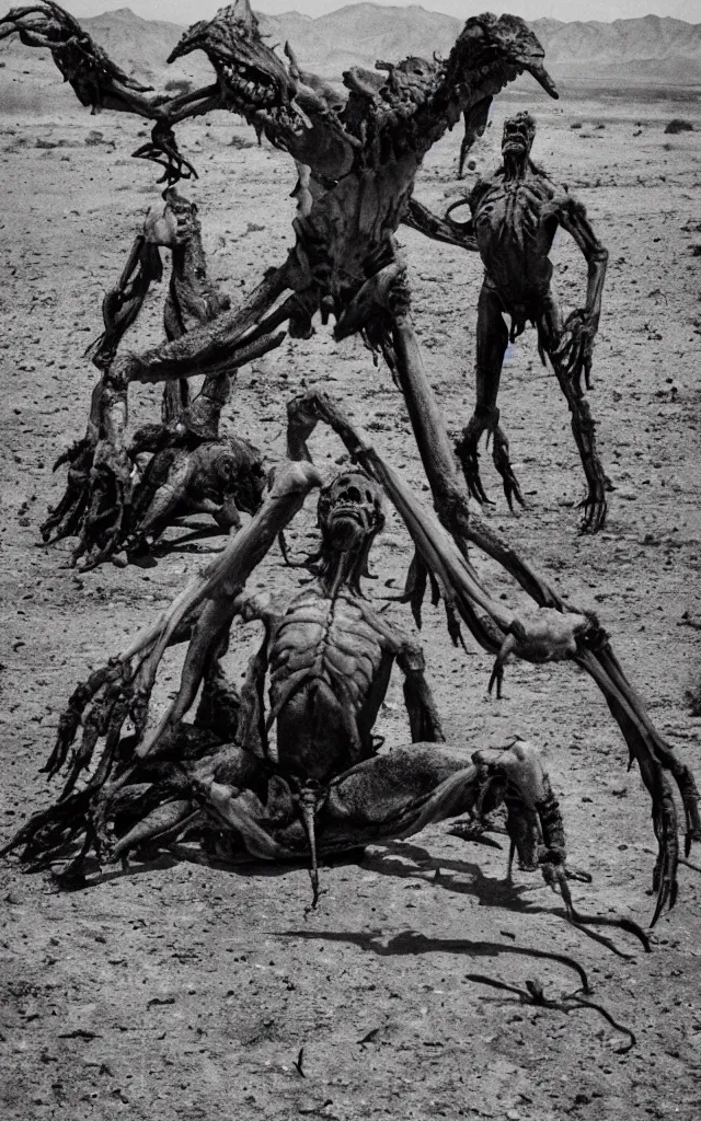 Image similar to in the desert a bloody gross horrifying The Thing creature made of muscle and bone and blood stares at the camera, eating, mid day, 35mm photography, realistic,