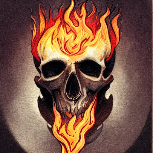 Image similar to skull helm with flaming eyes, pulp fantasy illustration