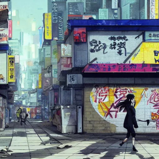 Image similar to incredible wide screenshot, ultrawide, simple watercolor, rough paper texture, ghost in the shell movie scene, backlit distant shot of girl in a parka running from a giant robot invasion side view, yellow parasol in deserted dusty shinjuku junk town, broken vending machines, bold graphic graffiti, old pawn shop, bright sun bleached ground, mud, fog, dust, windy, scary robot monster lurks in the background, ghost mask, teeth, animatronic, black smoke, pale beige sky, junk tv, texture, brown mud, dust, tangled overhead wires, telephone pole, dusty, dry, pencil marks, genius party,shinjuku, koji morimoto, katsuya terada, masamune shirow, tatsuyuki tanaka hd, 4k, remaster, dynamic camera angle, deep 3 point perspective, fish eye, dynamic scene