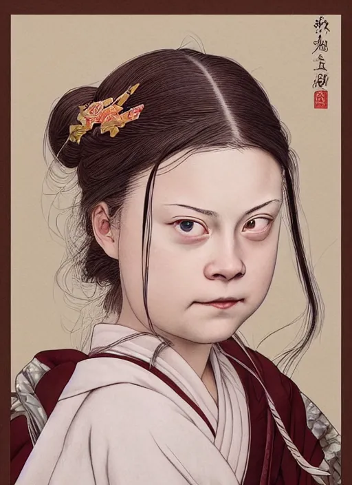 Image similar to detailed portrait of greta thunberg as a geisha eating cakes, trending on artstation elite, elegant, luxury, by krenz cushart, junji ito, takato yamamoto, perfect face, fine details, realistic shaded, fine - face, pretty face