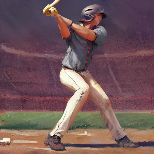 Image similar to baseball player hitting the ball with the baseball bat in the middle of the game and in front of everyone in the stadium, james gurney painting style, greg rutkowski, artstation