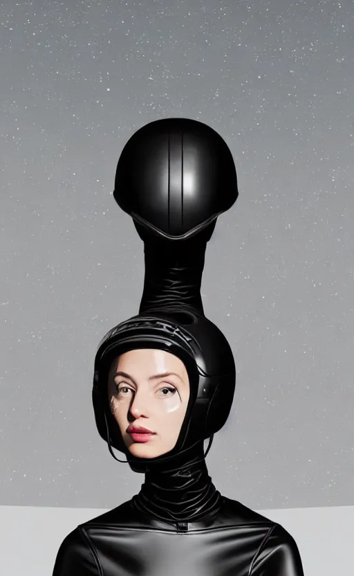 Prompt: portrait of girl wearing helmet with very tight black latex dress by Petros Afshar and Beeple, highly detailed