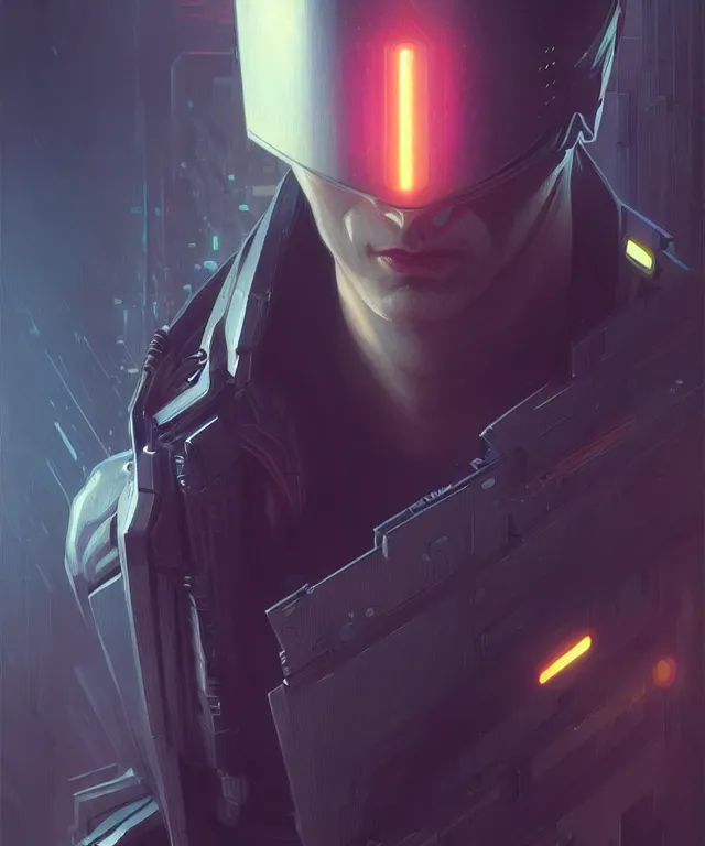 Image similar to Hacker cyberpunk man portrait, highly detailed, digital painting, artstation, concept art, smooth, sharp focus, illustration, art by artgerm and greg rutkowski and alphonse mucha