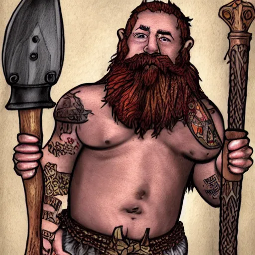 Prompt: fantasy dwarf, redheaded, twin braided beard, tattooed, muscular and bare chested, holding two axes. digital art.