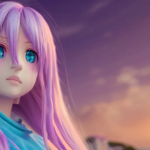 Prompt: pastel pastel pastel render as a very beautiful 3d anime girl, long braided purple hair, azure blue eyes, full round face, short smile, casual clothes, serene beach setting, cinematic lightning, medium shot, mid-shot, highly detailed, trending on Artstation, Unreal Engine 4k, cinematic wallpaper