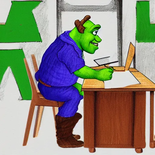 Prompt: Shrek sitting down taking a GCSE exam, school hall, secondary school, single seat desk, full hall, photorealistic, 4k