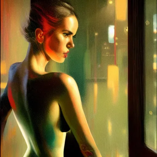 Image similar to detailed face of a woman, moment, cyberpunk cloisters, electronic billboards, tech noir, wet reflections, prism, atmospheric, ambient, pj crook, syd mead, livia prima, greg rutkowski, edward hopper