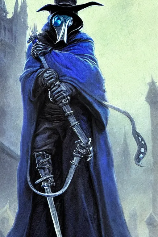 Image similar to a plague doctor with a blue wizard robe as a d & d character, blue robe, magical, black fur armor, harry poter, concept sheet, painting by gaston bussiere, demon slayer, gta loading screen art, dramatic lighting, anime