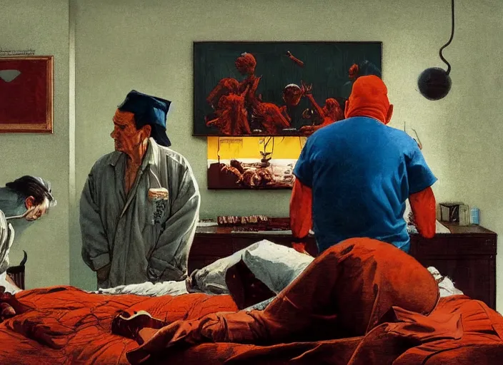 Image similar to a still from the movie one flew over the cuckoo's nest by francis bacon and norman rockwell and james jean, and mark brooks, triadic color scheme, by greg rutkowski, syd mead and edward hopper and norman rockwell and beksinski, dark surrealism, orange and turquoise