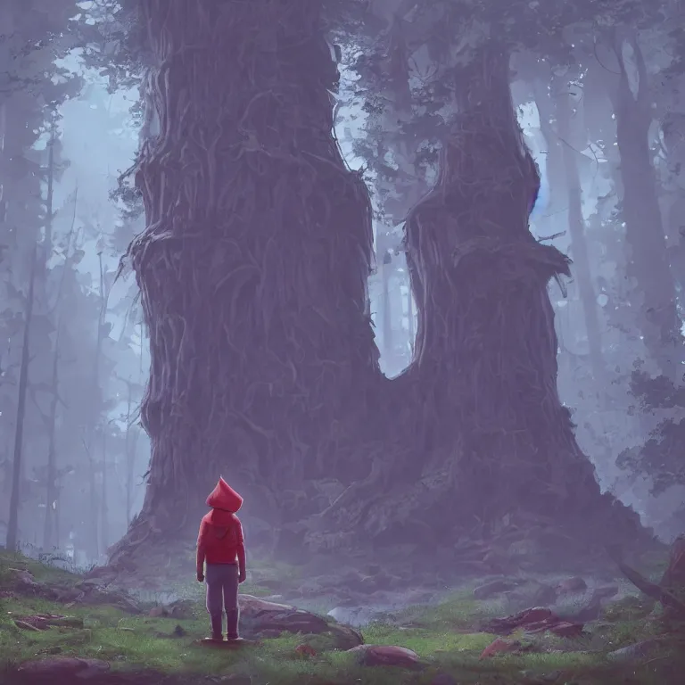 Image similar to a forest gnome standing in front of a portal. Detailed digital matte painting in the style of simon stalenhag