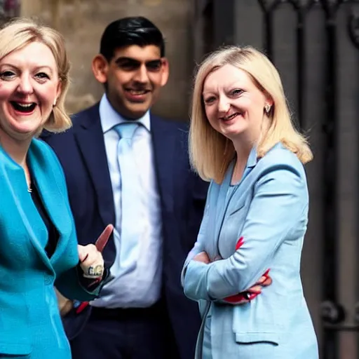 Image similar to Liz truss and Rishi sunak at parliament laughing with the devil. A demon joined the conservatives in parliament. Daily Telegraph.