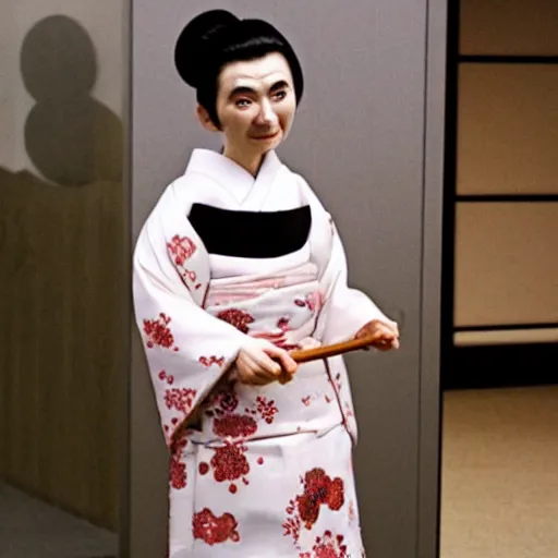 Image similar to mr bean dressed as a traditional japanese woman