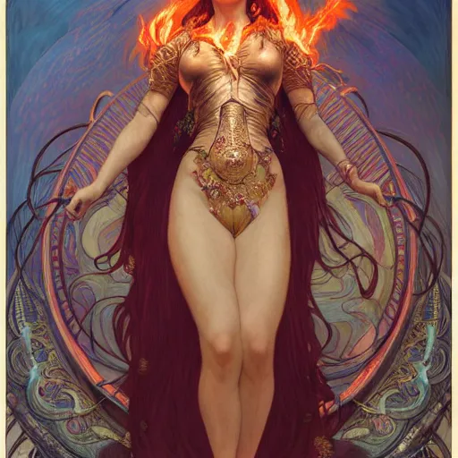 Image similar to an portrait of a beautiful alluring female demon goddess with fire in her glowing eyes, detailed, centered, digital painting, artstation, concept art, donato giancola, Dante Gabriel Rossetti, alphonse mucha, Joseph Christian Leyendecker, WLOP, Boris Vallejo, Breathtaking, 8k resolution, extremely detailed, beautiful, establishing shot, artistic, hyperrealistic, beautiful face, octane render