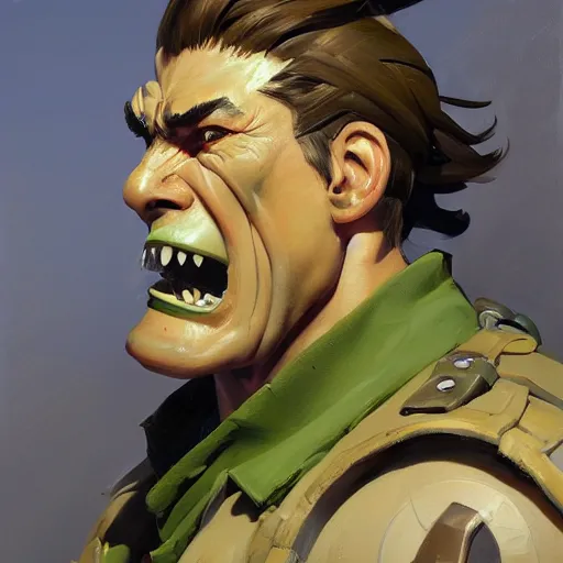 Image similar to greg manchess close - up portrait painting of a ruggedly handsome male dieselpunk orc with olive green skin as an overwatch character, medium shot, asymmetrical, profile picture, organic painting, sunny day, matte painting, bold shapes, hard edges, street art, trending on artstation, by huang guangjian and gil elvgren and sachin teng