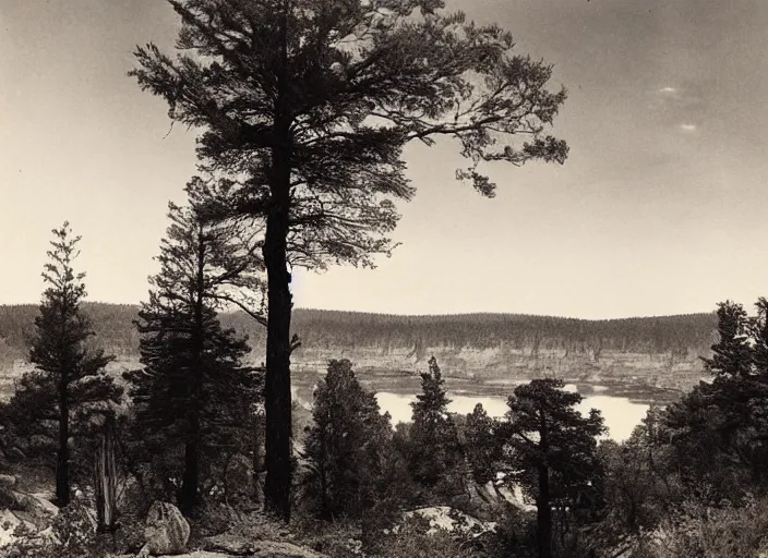 Image similar to Overlook of a river and dry bluffs covered in pine trees, albumen silver print by Timothy H. O'Sullivan.