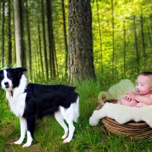 Image similar to a border collie protecting both a human baby and a fledgling who are both in a nest in a forest, beautiful, golden hour, impressionist