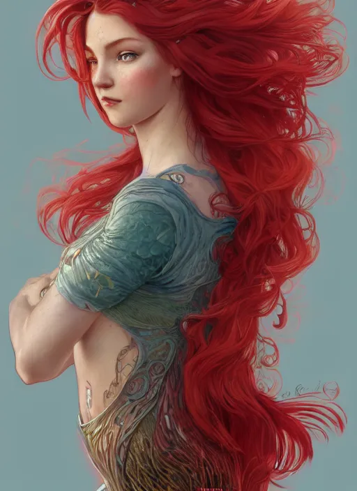 Image similar to beautiful head and shoulders portrait of a fairy mermaid with red hair, casual clothing, intricate, elegant, highly detailed, digital painting, beautiful highly detailed face, artstation, concept art, smooth, sharp, focus, illustration, art by artgerm and greg rutkowski and alphonse mucha