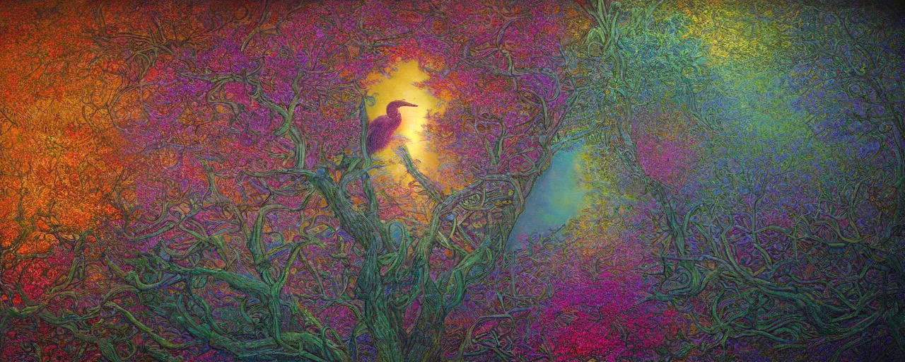 Image similar to a luminous baroque springtime fairytale an of iridescent cormorant bird perched atop the beautiful colorful blooming tree. Glorious heavenly pastel light shining upon and illuminating the impressive symmertrical centered Tree of Life. Paradise Lost, colorized. By Gustave Doré, colorful, light, oil on canvas, light colorful pastel color scheme. Volumetric lighting, rendered with unreal engine 5, Octane, trending of CGSociety. Neon light, masterpiece 4k digital illustration, award winning, Artstation, intricate details, realistic, panoramic view, volumetric lighting, Hyperdetailed, 8k resolution, intricate art nouveau, rendered in Unreal Engine 3