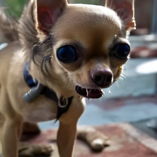 Prompt: a small chihuahua dog inside the mouth of a drooling smooth xenomorph from the movie aliens IV. Suburban backyard. Production photograph from horror sci-fi film directed by Ridley Scottie.