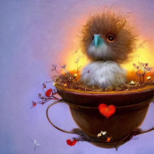 Image similar to soulful long shot of a very cute monster chick nesting in a very romantique floral cup, by esao andrews, by james jean, very humorous illustration, big depth of field, perspectice perception, volumetric light, warm cosy colors, night scenery, low light, unreal engine 5, 8 k, conceptart, hyperdetailed, hyperrealistic, trending on artstation