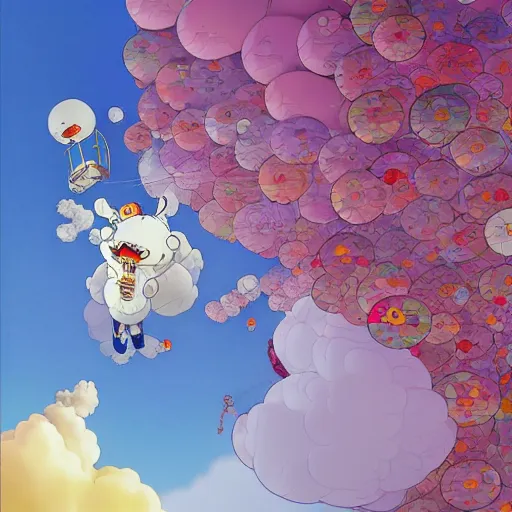 Image similar to a man walking on clouds above kyoto by takashi murakami, beeple and james jean, aya takano color style, 4 k, super detailed