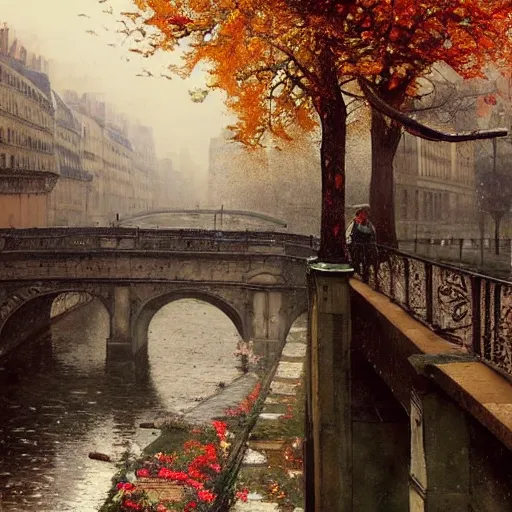 Image similar to autumn in paris, ornate, beautiful, atmosphere, vibe, mist, smoke, fire, chimney, rain, wet, pristine, puddles, melting, dripping, snow, creek, lush, ice, bridge, forest, roses, flowers, by stanley artgerm lau, greg rutkowski, thomas kindkade, alphonse mucha, loish, norman rockwell