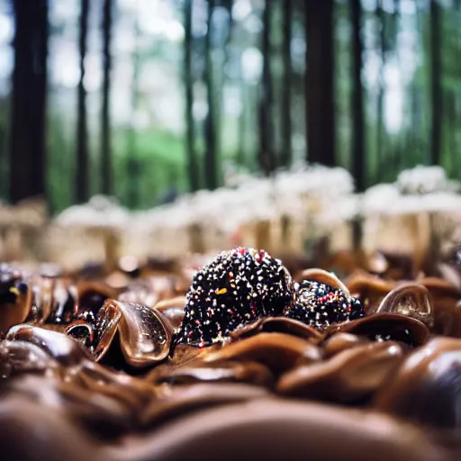 Prompt: a photograph of a clump of vanilla-chocolate swirl ice cream cones with sprinkles growing in the deep lush forest like mushrooms. Shallow depth-of-field