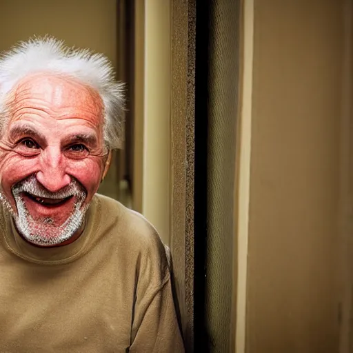 Prompt: an smiling old man camouflaged in a hallway