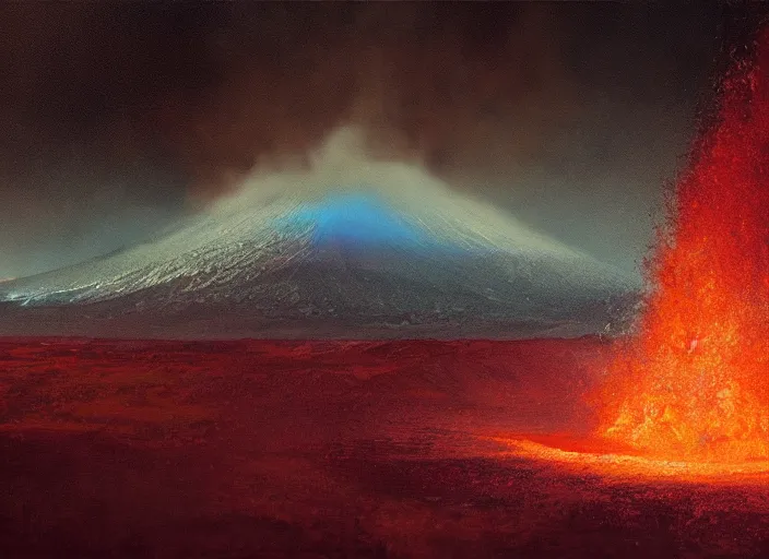 Image similar to rainbow from an erupting volcano at night, painting by Craig Mullins, octane rendering, soft morning lighting, wide angle lens, in the style of Hayao Miyazaki, trending on artstation,