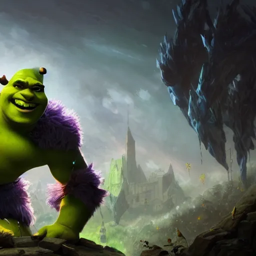 Image similar to Shrek, League of Legends amazing splashscreen artwork, splash art,natural light, elegant, intricate, fantasy, atmospheric lighting, by Greg rutkowski, league of legends splash art, hd wallpaper, ultra high details