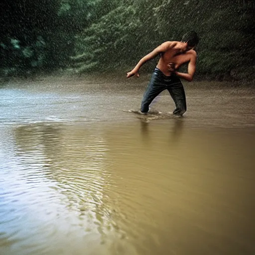 Prompt: location : river, action : man saving child from drowning, atmosphere : rainy. vfx, golden ratio, sharp focus, dramatic lighting, hdr shadows, very detailed, extra crisp, dramatic lighting, hollywood style, at behance, at netflix, with instagram filters, photoshop, adobe lightroom, adobe after effects, taken with polaroid kodak portra
