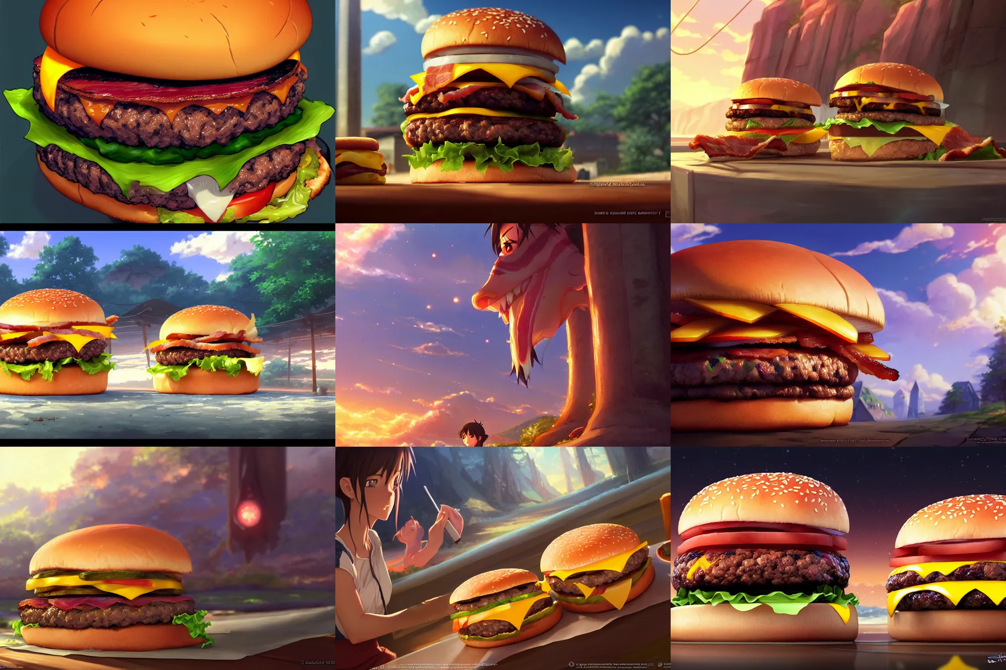 Prompt: a delicious double bacon cheeseburger, key visual, a fantasy digital painting by makoto shinkai and james gurney, trending on artstation, highly detailed