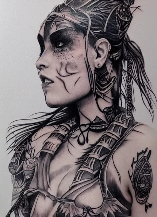 Image similar to tattoo design of a hyper - realistic beautiful girl warrior, hyper detailed, in the design of eliot kohek, white background