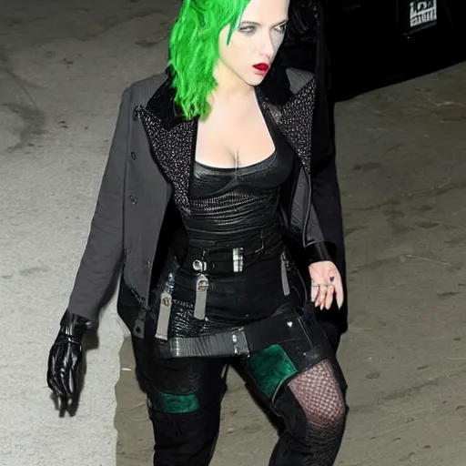 Image similar to Scarlett Johansson wearing black industrial cybergothic clothing with black hair with green streaks