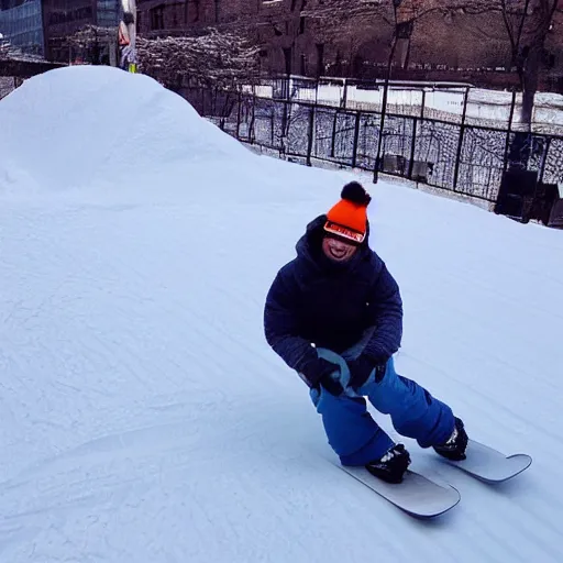 Prompt: cool cat snowboarding through downtown new york