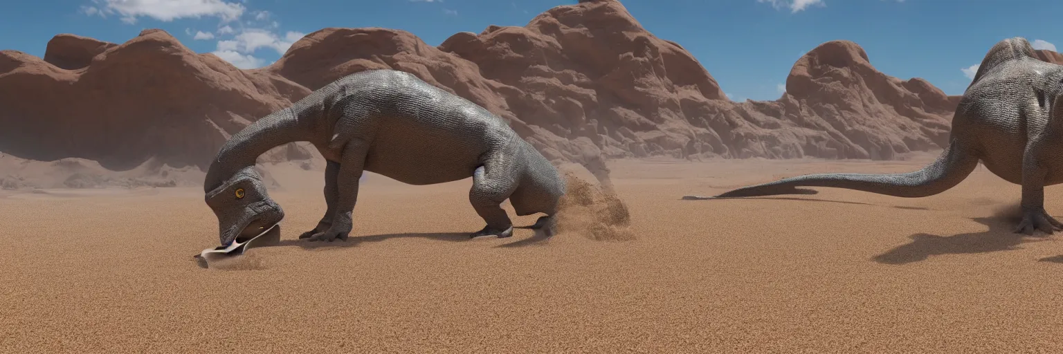 Image similar to big dinosaur vacuuming sand in a desert, 4k,