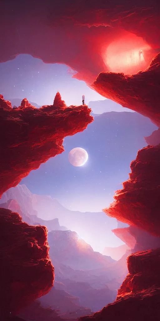 Image similar to Detailed landscape of moon crater, grand canyon, red rising planet, floating rocks, nebula sky, stunning atmosphere, in Style of Peter Mohrbacher, cinematic lighting