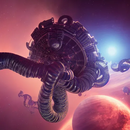 Prompt: a giant cosmic space kraken attacking an orbital space station, hype realistic, volumetric lighting, cosmic horror, Art station, Octane render, Unreal Engine 3D