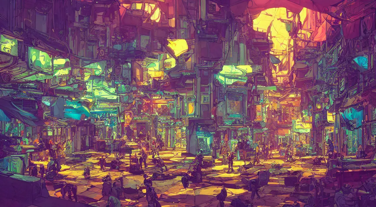 Image similar to bazaar zouk oriantal full color sky shine place mosquet painting stylized digital illustration video game icon global illumination ray tracing that looks like it is from borderlands and by feng zhu and loish and laurie greasley, victo ngai, andreas rocha, john harris