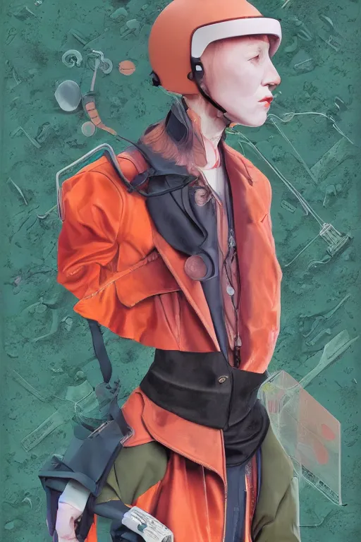 Prompt: portrait of alone androgynous female art teacher wearing long orange vintage leather coat and wearing giant modular synthesizer 8 0 s sony stereo helmet and cassette futurism backpack. bakelite cliffs, moss green japanese forest background, ultrafine hyperdetailed illustration by hsiao - ron cheng and artgerm, the grand budapest hotel, no crop, digital art, artstation, pop art