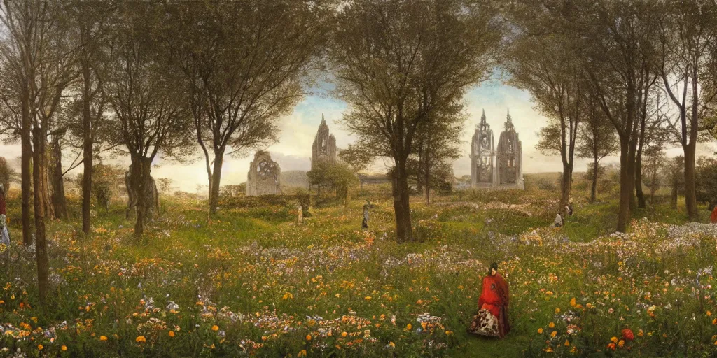 Prompt: a recursive cathedral made of glass and mirrors within a wildflower meadow at dawn, infinite regress, droste effect, in the style of alma tadema