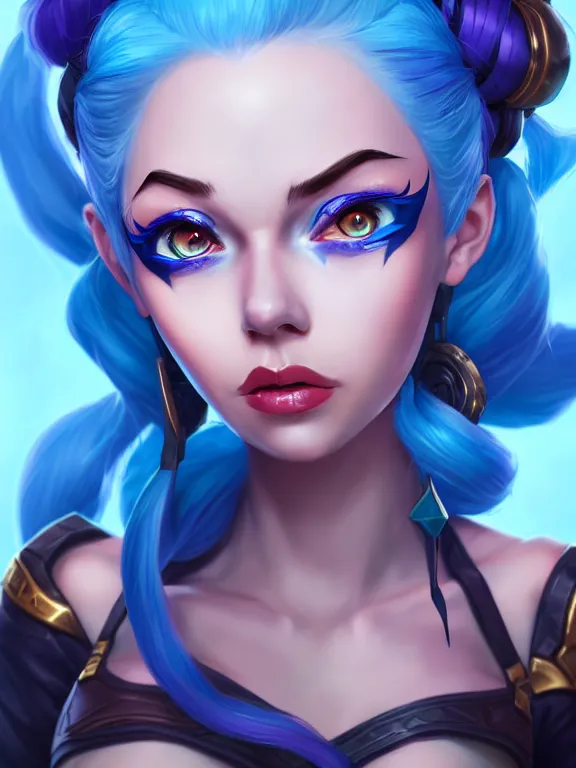 Image similar to a League of Legends FAN ART Portrait of JINX The Loose Cannon, blue hair, long pigtail, intricate, elegant, highly detailed, digital painting, concept art, smooth, sharp focus, illustration,artstation,deviantart,Unreal Engine,face enhance,8K,golden ratio,cinematic lighting