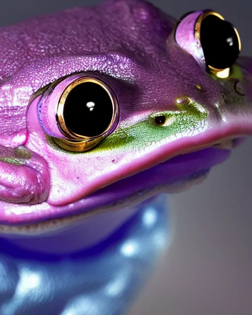 Image similar to natural light, soft focus extreme close up portrait of a cyberpunk anthropomorphic frog with soft synthetic pink skin, blue bioluminescent plastics, smooth shiny metal, elaborate ornate head piece, piercings, skin textures, by annie leibovitz, paul lehr