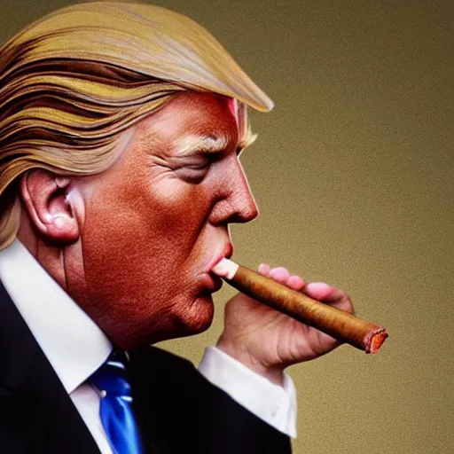 Image similar to a high detail photo of donald trump smoking a cigarrette, subject= donald trump, subject detail: extremly detailed, subject action: smoking a cigar, photorealism, dramatic lighting, award winning photograph, trending on artstation