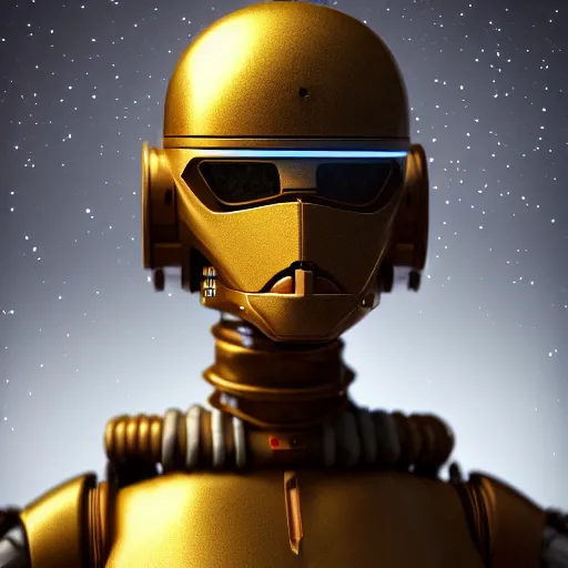 Image similar to portrait of a droid, renaissance style, star wars character, volumetric lights, symmetry, headpiece, trending on artstation, sharp focus, leica, studio photo, intricate details, highly detailed
