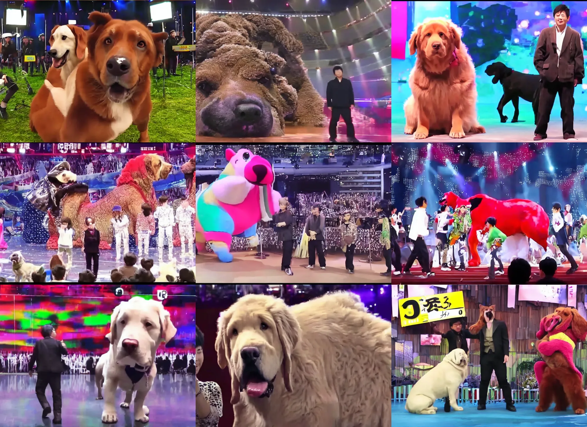 Prompt: color video footage, a hugest dog on the stage, japanese tv show.
