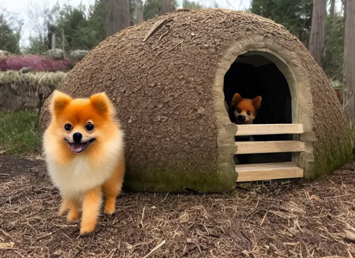 Image similar to a tan pomeranian in front of a mushroom house