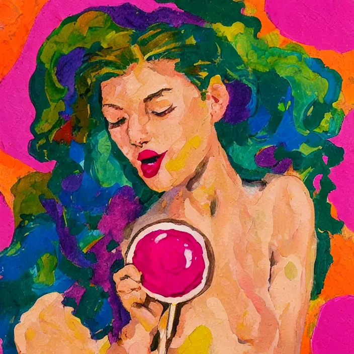 Image similar to portrait of beautiful woman licking a lollipop painted with colorful gouache impasto