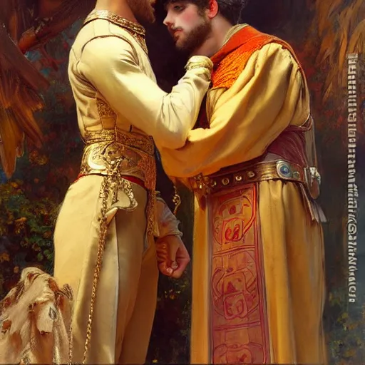 Image similar to attractive fully clothed king confesses his love for his attractive fully clothed male prince. highly detailed painting by gaston bussiere and j. c. leyendecker 8 k