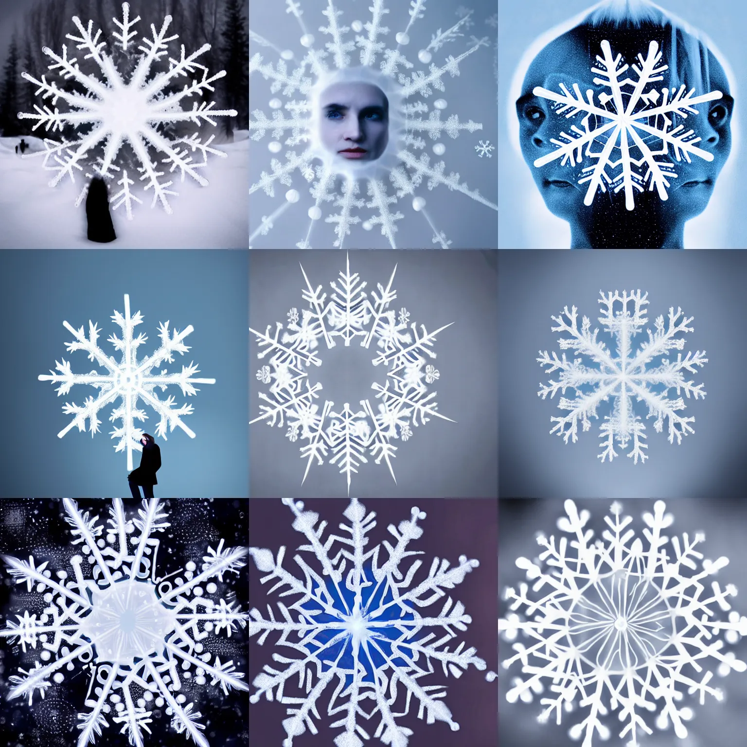 Prompt: surreal photography silk snowflake with a ghostly white human face